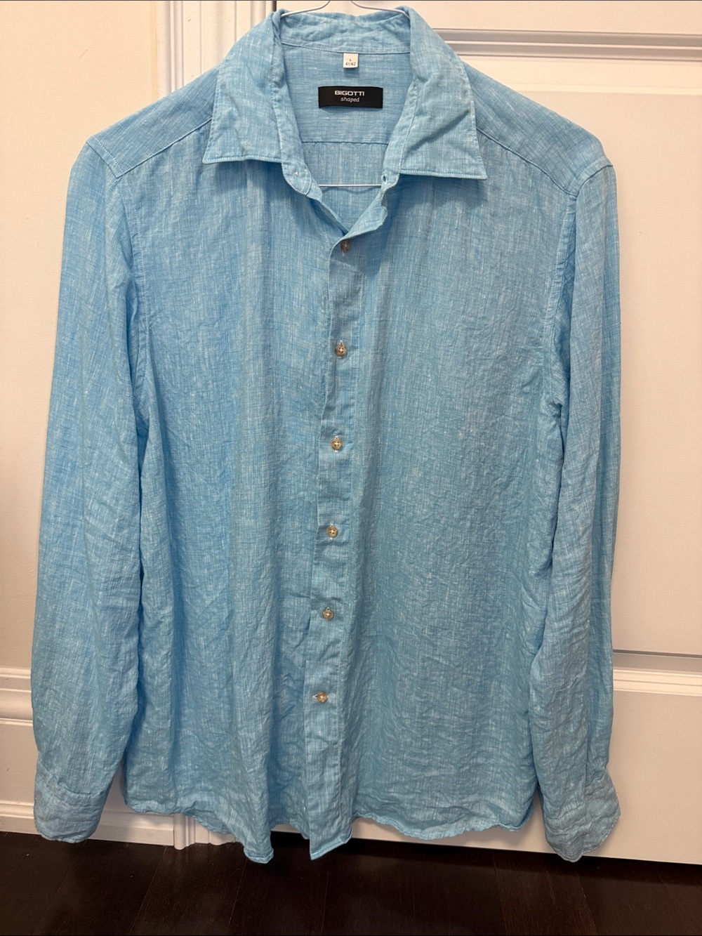Bigotti Light Blue Casual Linen-Blend Button-Down Shirt